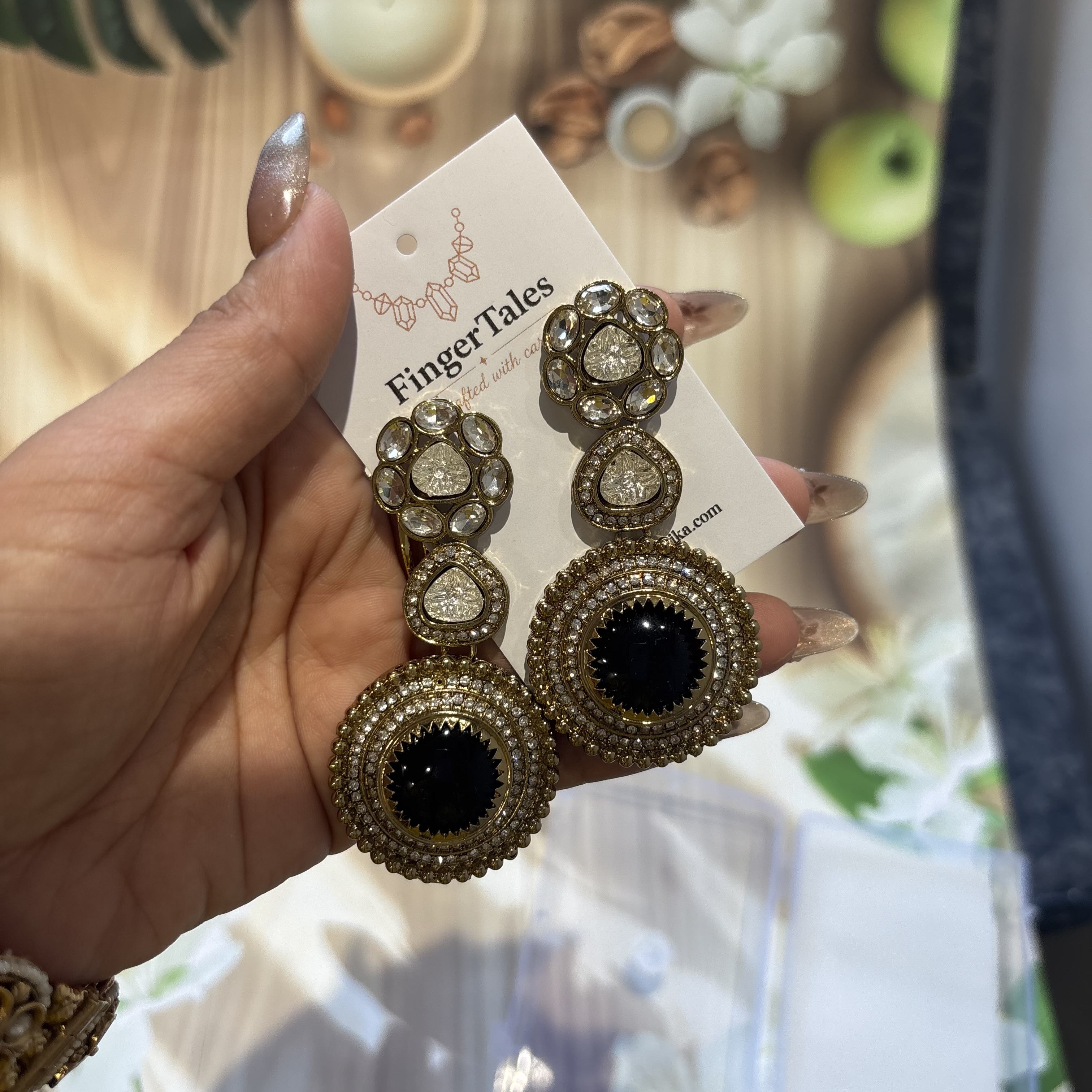 Kundan black stone danglers